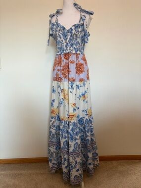 #548 Blue & Cream Mixed-Print Tiered Maxi Dress with Tie Straps